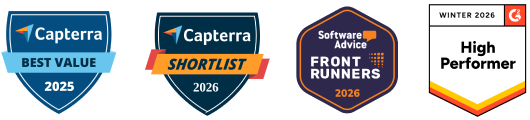Capterra Best Value 2025, Capterra Shortlist 2026, Software Advice Front Runners 2026, G2 High Performer Winter 2026